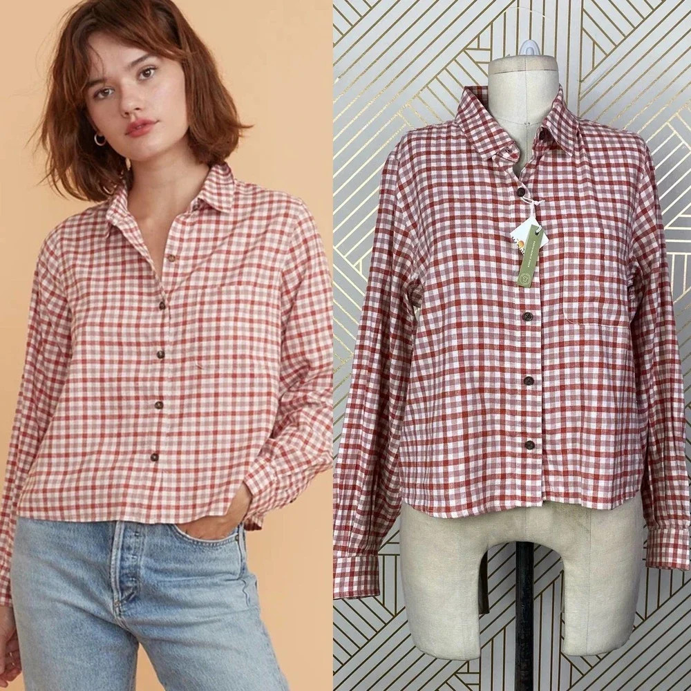 Marine Layer Madeline Relaxed Crop Shirt in Red & White Plaid Size US Medium